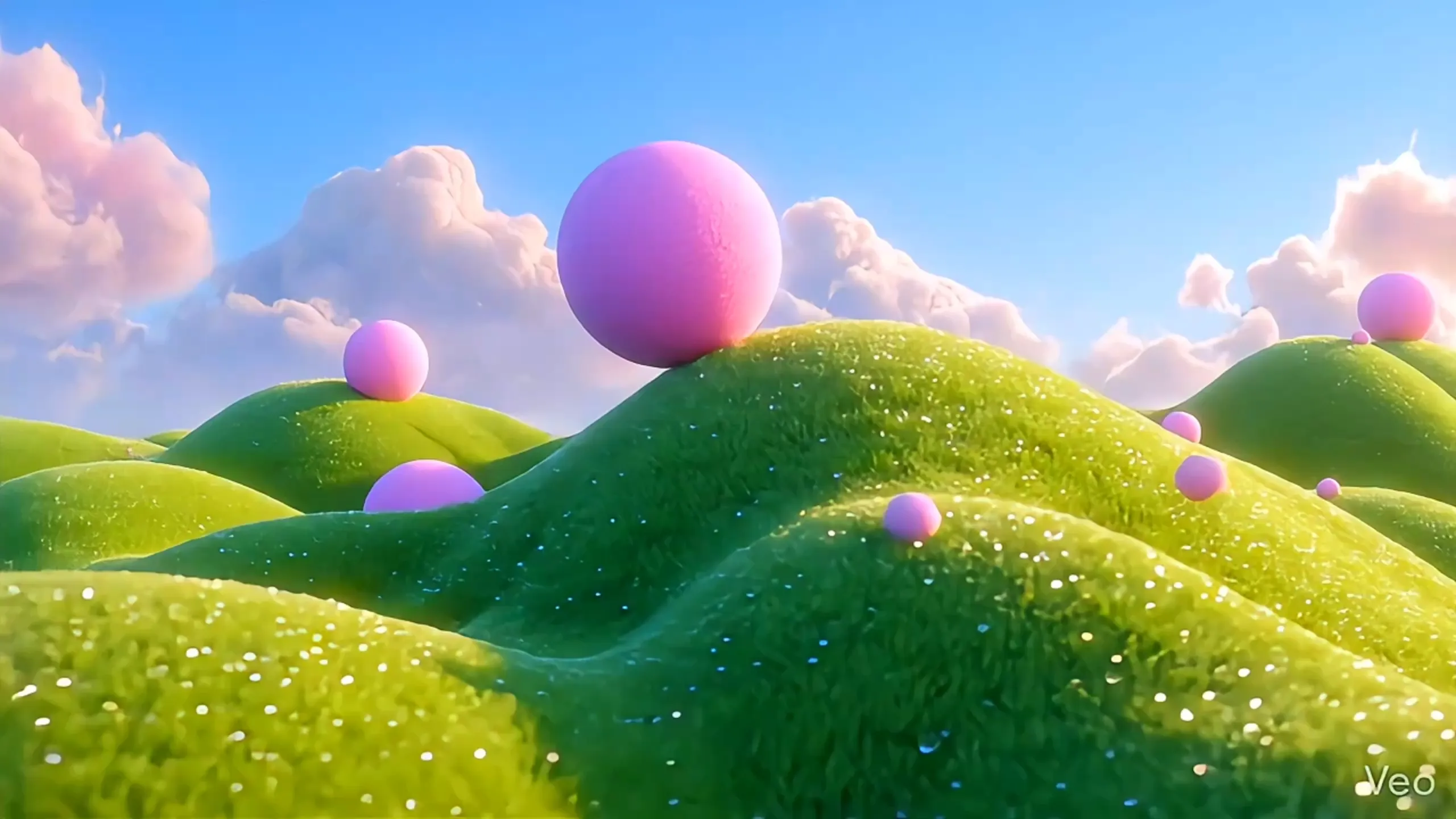 Colinas verdes com esferas cor-de-rosa sob um céu de nuvens